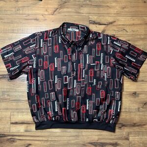 Irvine Park Mens 2XL Black Red Geometric Rectangle Short Sleeve Polo Shirt 90s